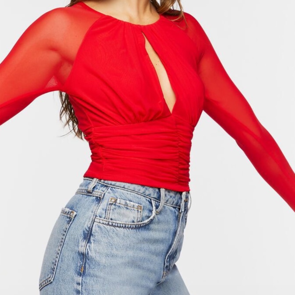 Ruched Mesh Cutout Crop Top